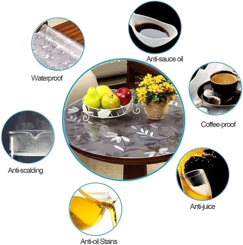 Vista 4 de Manteles redondos para mesa, manteles de escritorio (flor de cosmos) de vinilo transparente de PVC transparente, protector de mantel resistente al
