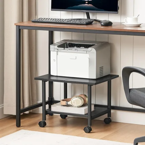 Vista 6 de HOOBRO Soporte para impresora, carrito de impresora industrial debajo del escritorio de 2 niveles con estante, estante de almacenamiento móvil Negro