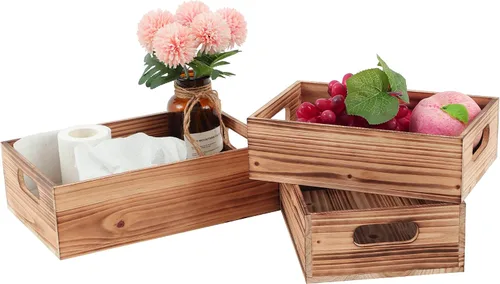 Vista 7 de PHOENANCEE Cajas de madera para exhibición, cajas decorativas rústicas de almacenamiento, juego de 3, caja anidable de madera con asas, cesta