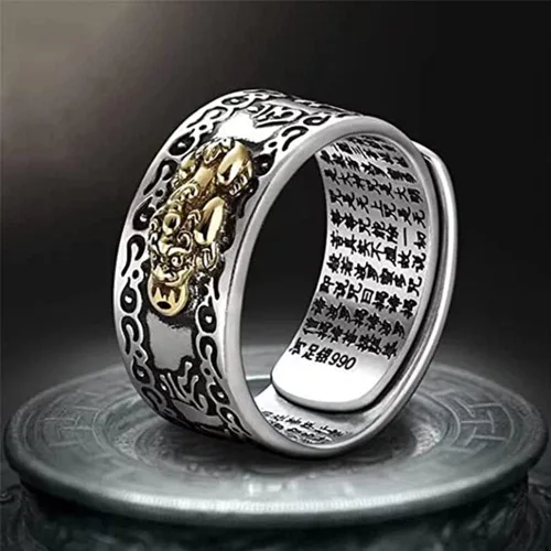 Vista 4 de Anillo de Feng Shui, anillo Pixiu, 4/8 piezas de Feng Shui Pixiu Mantra Original, anillo budista ajustable, sutra Feng Shui para hombres y mujeres