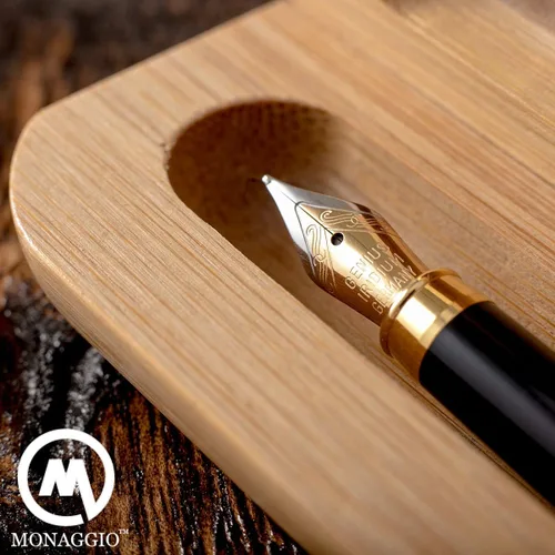 Vista 6 de MONAGGIO Pluma estilográfica de bambú hecha de madera de lujo con convertidor recargable, juego de caja de madera y punta fina. Funciona sin