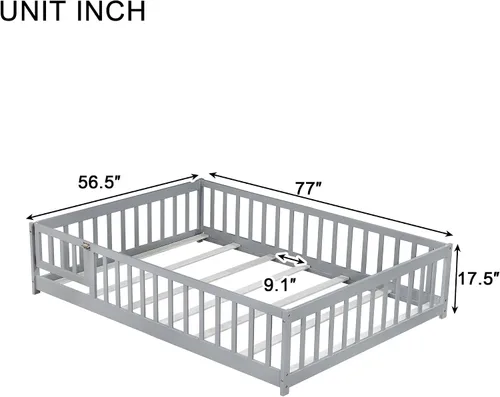 Vista 2 de Cama Montessori de tamaño matrimonial con tablillas, puerta y valla, cama Gris