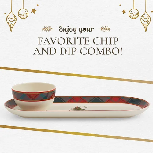 Vista 5 de Spode Christmas Tree - Juego de 2 piezas de chips y salsa de tartán – Plato para servir las fiestas de 13 pulgadas con cuenco de inmersión – Borde a