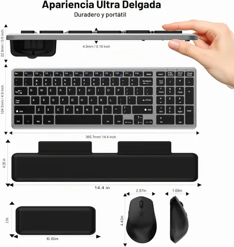 Vista 4 de Combo de teclado y mouse inalámbricos silenciosos y silenciosos ultra delgados con reposamuñecas magnético, juego combinado de teclado y mouse