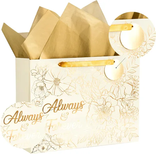 Vista 7 de Loveinside Bolsa de regalo de boda – Diseño de texto floral y siempre y para siempre con papel de seda, tarjeta de felicitación y etiqueta