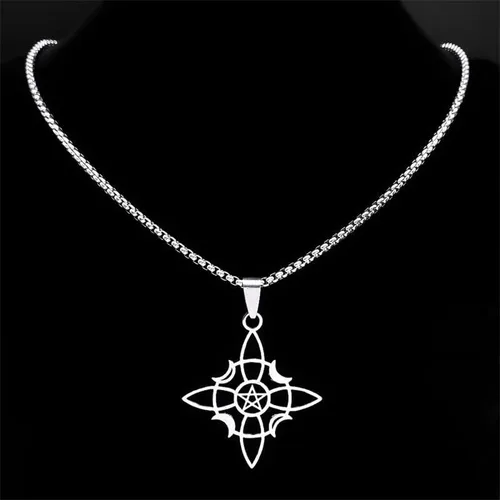 Vista 5 de Collar de nudo celta de pentagrama de bruja, collar de acero inoxidable con luna creciente y estrella, collar de joyería Wicca de acero inoxidable