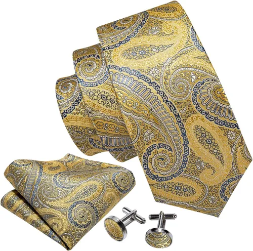 Vista 125 de Barry.Wang - Juego de corbata de seda para hombre, diseño de cachemira, pañuelo y gemelos de bolsillo