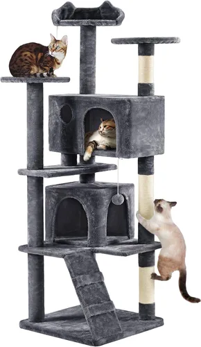 Vista 16 de Yaheetech - Torre de árbol para gatos de 62 pulgadas, torre para gatitos de interior, muebles para mascotas con doble refugio, postes para rascar