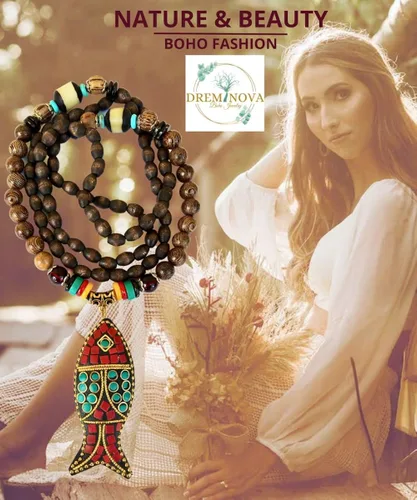 Vista 2 de DREMINOVA Juego de aretes y collar hippie étnico nativo bohemio bohemio para mujer, joyería tribal hecha a mano