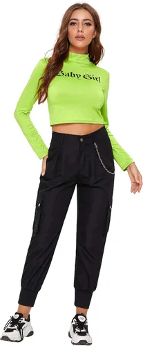 Vista 4 de Milumia Pantalones tipo cargo para mujer estilo casual de cintura alta con bolsillo lateral con cadena
