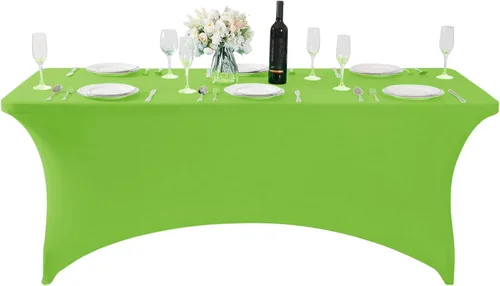 Vista 3 de Mantel de elastano para mesa de 6, 4 o 8 pies, universal, ajustable, para fiestas, banquetes, bodas y eventos, color verde manzana