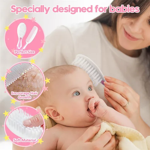 Vista 5 de Juego de cepillo y peine para el pelo del bebé, cepillos para el pelo del bebé recién nacido, regalo perfecto para recién nacidos (rosa)