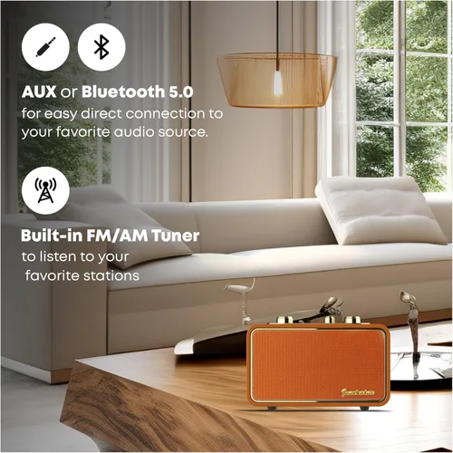 Vista 2 de Altavoz Bluetooth vintage con radio AM/FM, naranja Retro Wireless Speaker, 10H Playtime, Charge-While-Play, Aux/Antenna, Interchangeable Panel