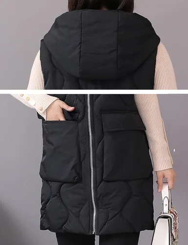 Vista 5 de HangNiFang Chaleco largo de invierno para mujer, con cremallera, acolchado, chaleco