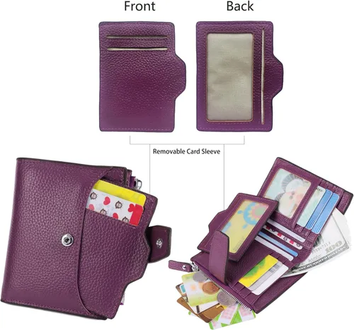 Vista 3 de AINIMOER - Cartera de piel con bloqueo RFID para mujer, tamaño pequeño, compacta, doble zíper, con ventana para identificación