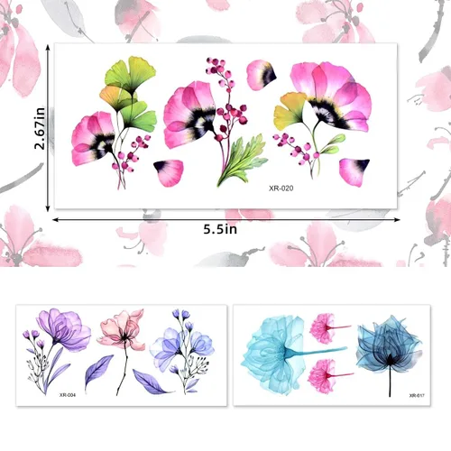 Vista 6 de 20 hojas de calcomanías de tatuajes temporales de flores, impermeables, para arte corporal, acuarela, floral, tatuaje temporal para mujeres y niñas