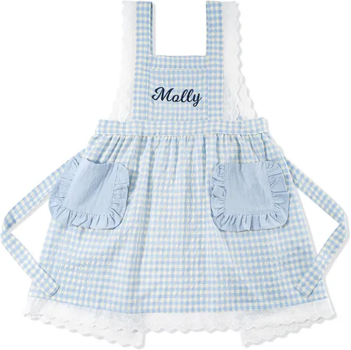 Vista 7 de MT WORLD Girls Apron Personalized Linen Kids Aprons for Cooking Toddler Girls Cross Back Apron Pinafore for Baking Crafting