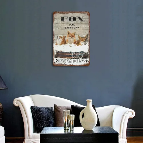 Vista 4 de Placa colgante de hierro vintage con diseño de zorro, letrero de hojalata vintage con texto en inglés "Wash Your Paws", letrero de metal para bar