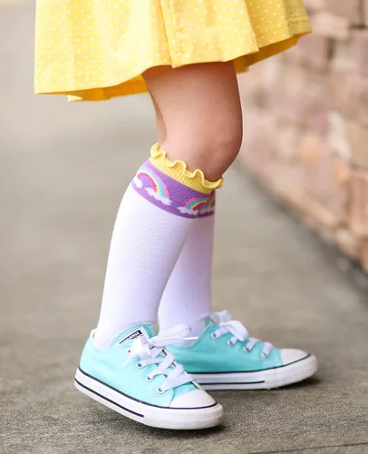 Vista 6 de Jefferies Socks Calcetines altos hasta la rodilla con volantes y rayas de unicornio unicornio para niña, paquete de 2