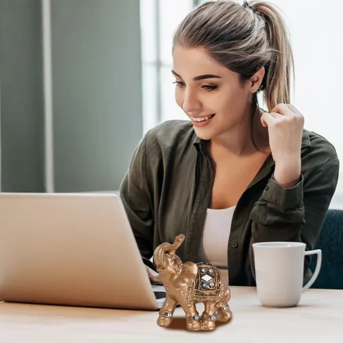 Vista 2 de Elephant Decor for Home, Golden Resin Elephant Statue, 3.5 Inch Feng Shui Figurine for Office Desk & Shelf