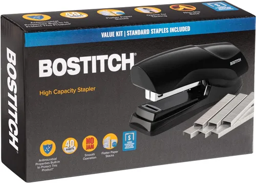 Vista 2 de Bostitch Grapadora de oficina resistente, grapadora de 40 hojas para escritorio, tira completa, incluye 1260 grapas, color negro