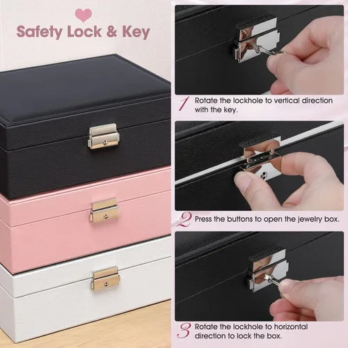 Vista 7 de Joyero organizador para mujeres y niñas, 2 capas de viaje con rollo de joyería plegable, juego de almacenamiento de joyas de cuero para anillos