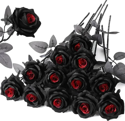 Vista 33 de Hawesome - Ramo de 12 rosas artificiales de seda con tallo largo para decoración del hogar, boda, fiesta (Negro-1)