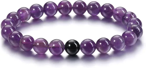 Vista 6 de Jovivi 2 pulseras elásticas de piedra curativa de obsidiana negra y amatista de 0.315 pulgadas, hechas a mano, piedras preciosas redondas naturales