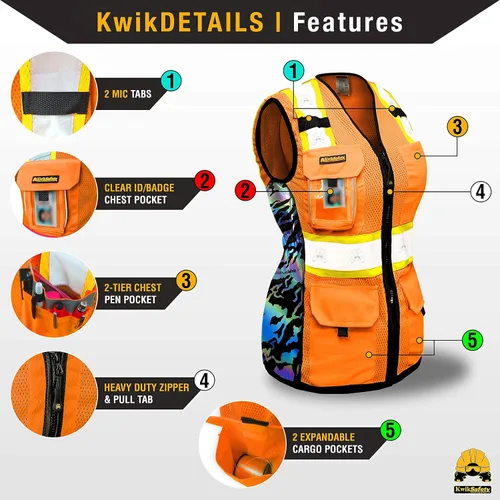 Vista 3 de KwikSafety TIGER QUEEN - Chaleco de seguridad para mujer [naranja, XL] + paquete de casco duro de ala completa TORTOISE