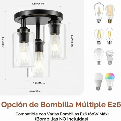 Vista 5 de 3-Light Black Outdoor Flush Mount Ceiling Light Fixture with Glass Shade Lámparas de techo de jaula cuadrada rústica de 10.6 pulgadas, lámparas