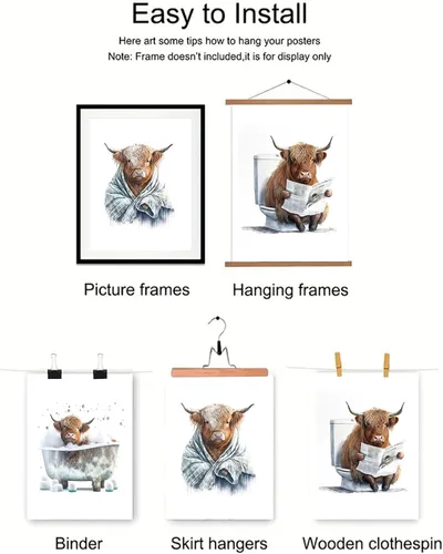 Vista 7 de Arte Divertido de Pared para Baño con Imágenes de Vaca de las Tierras Altas Escocesas, Decoración de Pared, Vaca Tierna en Bañera, Impresiones