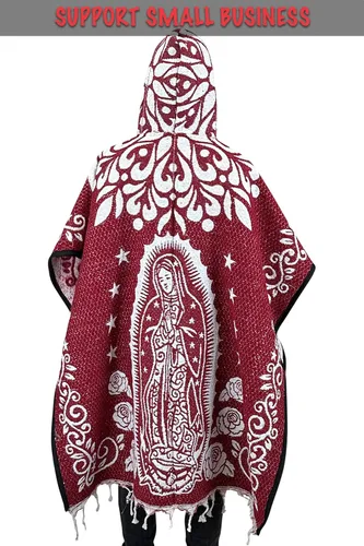 Vista 2 de ShirtBANC Poncho mexicano Serape Capota Azteca Múltiples Estilos Hecho en México, Capucha San Judas Virgen Rojo Blanco