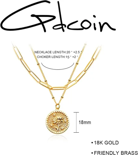 Vista 4 de Collar de moneda de flor de nacimiento en capas para mujer, chapado en oro de 18 quilates, doble capa, grabado floral, collar delicado con dije