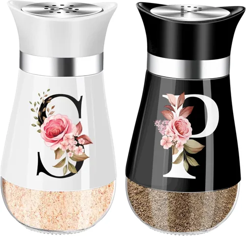 Vista 4 de Juego de salero y piminero, decoración de cocina negra de 4 oz, dispensador de especias clásico de acero inoxidable y vidrio, diseño recargable