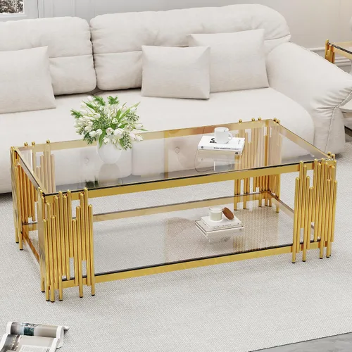 Vista 14 de Mesa de centro de cristal negro de 43 pulgadas, mesa moderna para sala de estar, acero inoxidable dorado, patas de metal, rectangular, de vidrio