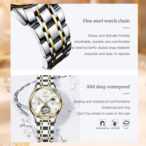 Vista 7 de OLEVS Reloj de mujer con esqueleto hueco y fase lunar de acero inoxidable, impermeable, dos tonos