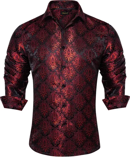 Vista 23 de DiBanGu Camisa de vestir de paisley de seda para hombre, formal, de manga larga, con cuello abotonado, camisas informales para fiesta de boda Negro