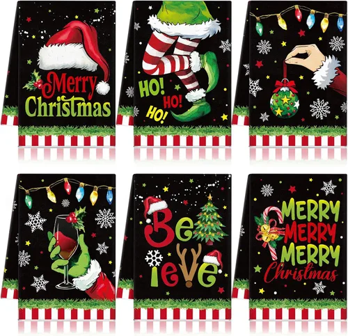 Vista 19 de FuWeave Toallas de Cocina Navideñas Beige Paños de Cocina con Árbol Navideño Toallas de Mano Decorativas Hello Winter Absorbentes Pelota de Guantes