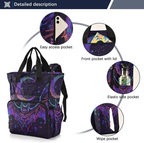 Vista 2 de senya Mochila para pañales, bolsa de viaje multifunción con diseño de murciélago de neón para mamás y papás, Murciélago 1, Compacto
