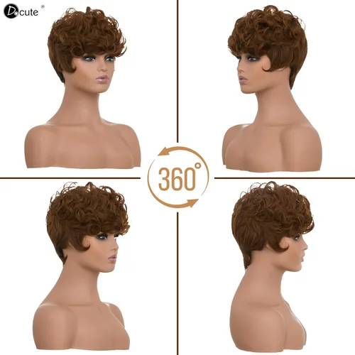 Vista 2 de DOcute - Pelucas Pixie cortas marrones para mujeres negras, peluca de reemplazo diario con corte Pixie y flequillo, pelucas rizadas cortas en capas