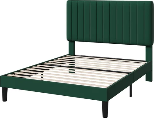 Vista 2 de HOOMIC Twin Bed Frame, Velvet Upholstered Platform Bed with Adjustable Vertical Channel Tufted Headboard, Mattress Foundation with Strong Wooden