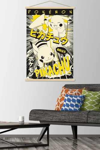 Vista 2 de Trends International Pokémon - Póster de pared de anime Pikachu, 22.37 x 34.00 pulgadas, paquete de impresión premium y colgador de madera de haya