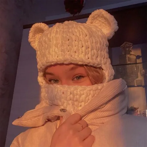 Vista 3 de Pasamontañas de punto con orejas para adultos, novedad de conejo, cubierta de cara completa, gorro de invierno divertido con orejas de conejo, lindo
