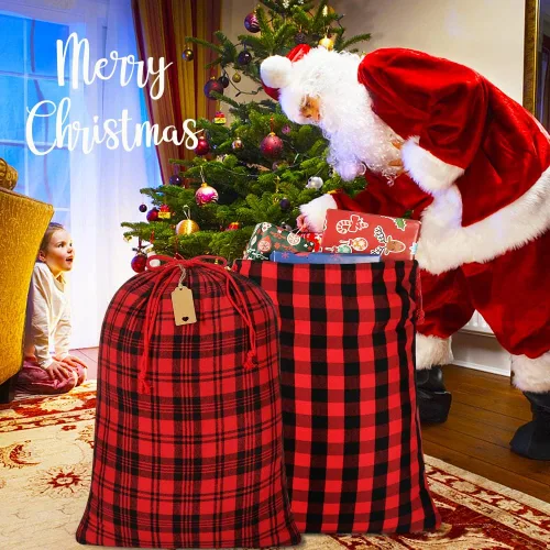 Vista 5 de HRX Package 2 bolsas de algodón de Papá Noel, bolsas de Navidad de tela a cuadros de 28 x 20 pulgadas, bolsas de Navidad reutilizables con etiqueta