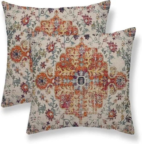 Vista 14 de Juego de 2 fundas de almohada bohemias de 16 x 16 pulgadas, color negro y marrón, fundas de almohada con patrón de alfombra étnica rústica, fundas