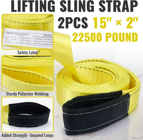 Vista 3 de Correas de Eslinga de Elevación, Eslingas de Correa de Nylon de Servicio Pesado de 15' x 2", Capacidad de 22,500 libras, Diseño de Ojo Plano, Correa