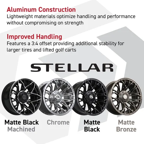 Vista 3 de GTW Stellar - Rueda de aluminio para carrito de golf de 12 pulgadas, 12 x 7 pulgadas, 4-4 pernos desplazamiento 3:4 (cromado)