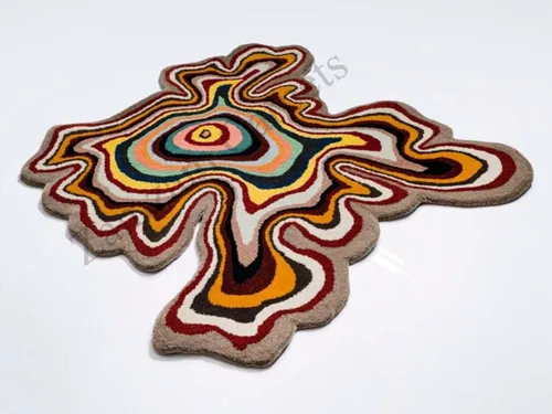 Vista 4 de Alfombra de forma irregular con patrón de ilusión copetuda a mano, 100% lana, hecha a mano (color multicolor, 4 x 4 pies)