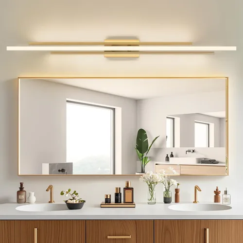 Vista 14 de VitaLink Lámpara de tocador dorada, 24 pulgadas, moderna lámpara de pared de baño sobre espejo de tocador, 2 luces cableadas de vidrio blanco