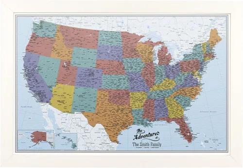 Vista 43 de Push Pin Travel Maps Lienzo personalizado Blue Oceans USA con marco gris de madera de granero